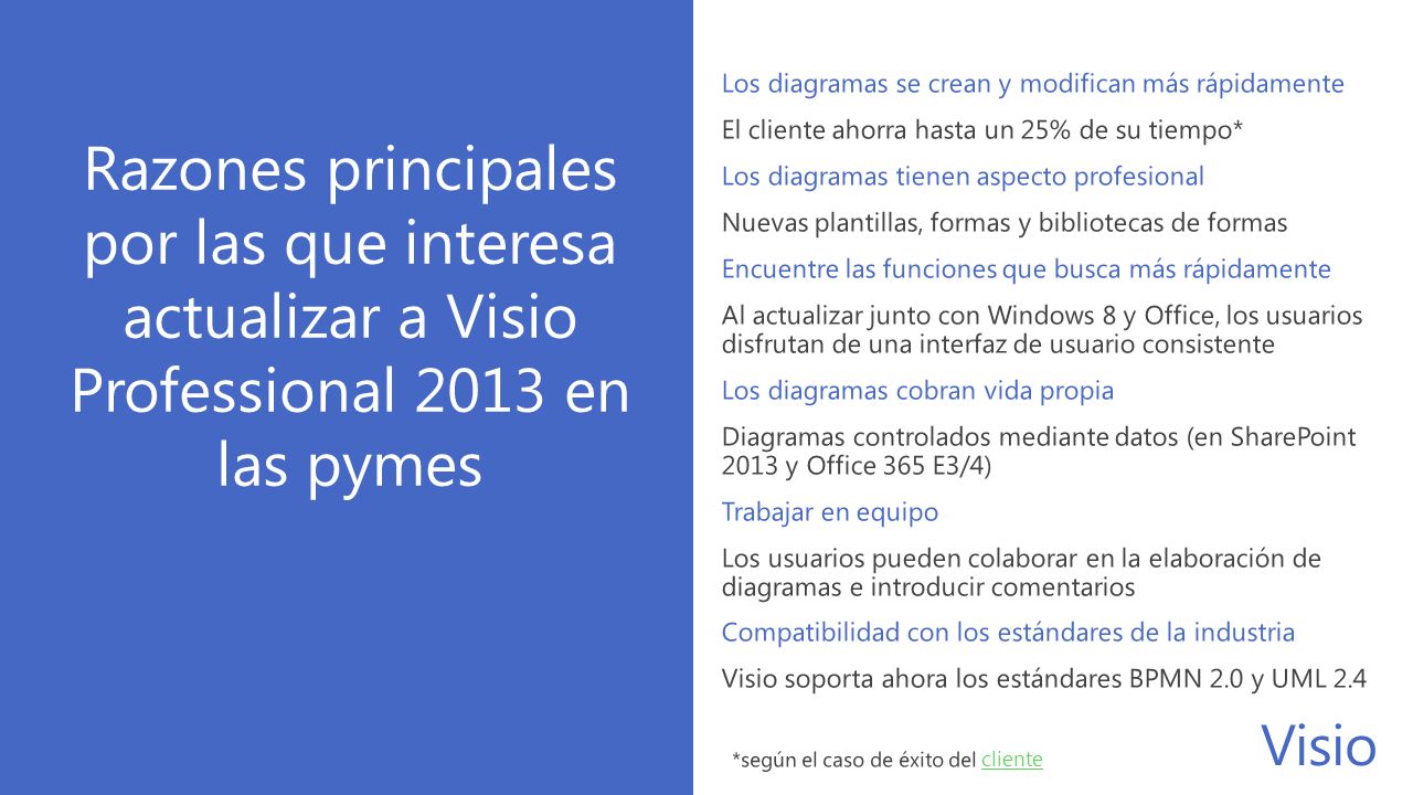 Los diagramas se crean y modifican más rápidamente El cliente ahorra hasta un 25% de su tiempo* Los diagramas tienen aspecto profesional Nuevas plantillas, formas y bibliotecas de formas Encuentre las funciones que busca más rápidamente Al actualizar junto con Windows 8 y Office, los usuarios disfrutan de una interfaz de usuario consistente Los diagramas cobran vida propia Diagramas controlados mediante datos (en SharePoint 2013 y Office 365 E3/4) Trabajar en equipo Los usuarios pueden colaborar en la elaboración de diagramas e introducir comentarios Compatibilidad con los estándares de la industria Visio soporta ahora los estándares BPMN 2.0 y UML 2.4