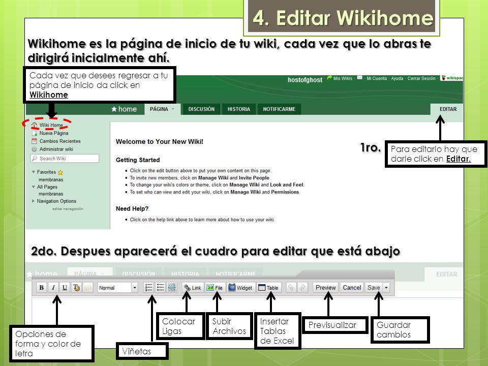 4. Editar Wikihome Wikihome es la página de inicio de tu wiki, cada vez que lo abras te dirigirá inicialmente ahí.