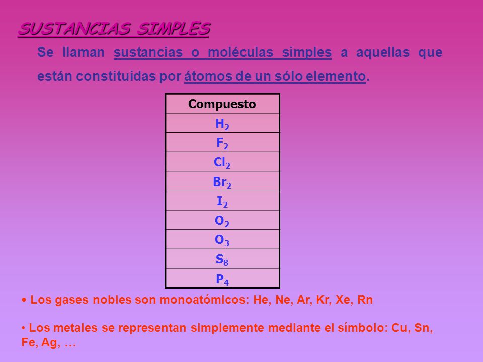 SUSTANCIAS SIMPLES Se llaman sustancias o moléculas simples a aquellas que están constituidas por átomos de un sólo elemento.