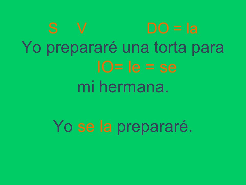 S. V. DO = la Yo prepararé una torta para IO= le = se mi hermana