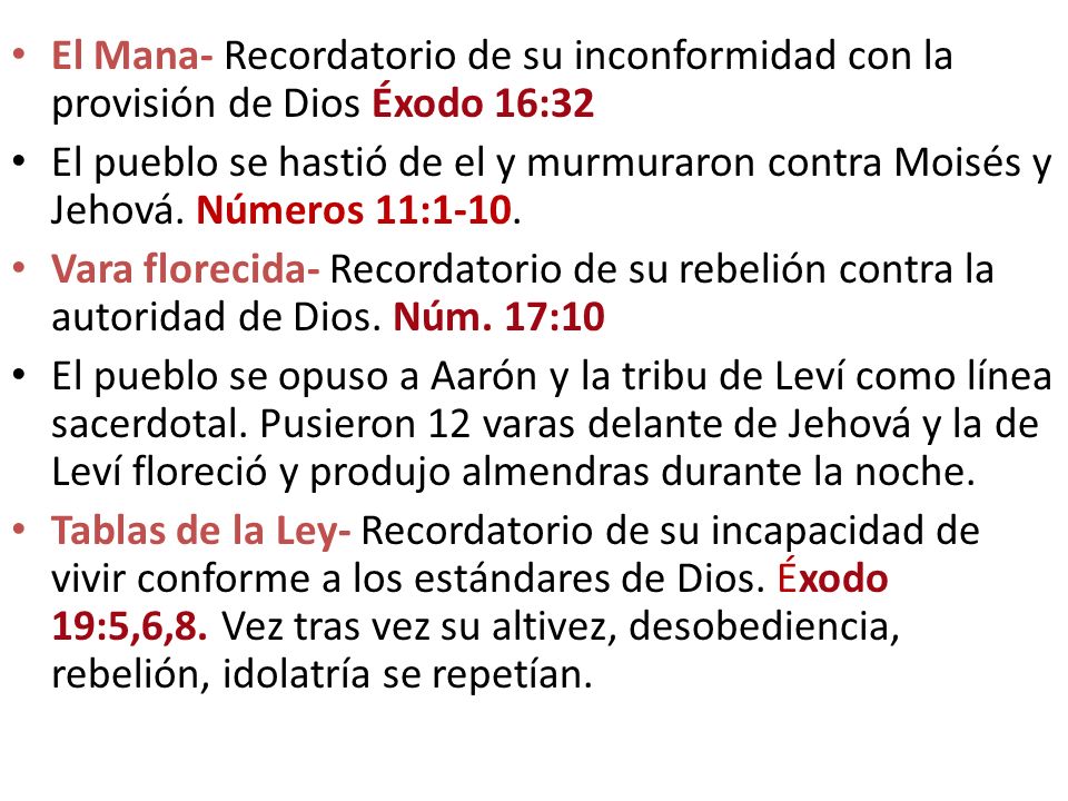 El Mana- Recordatorio de su inconformidad con la provisión de Dios Éxodo 16:32