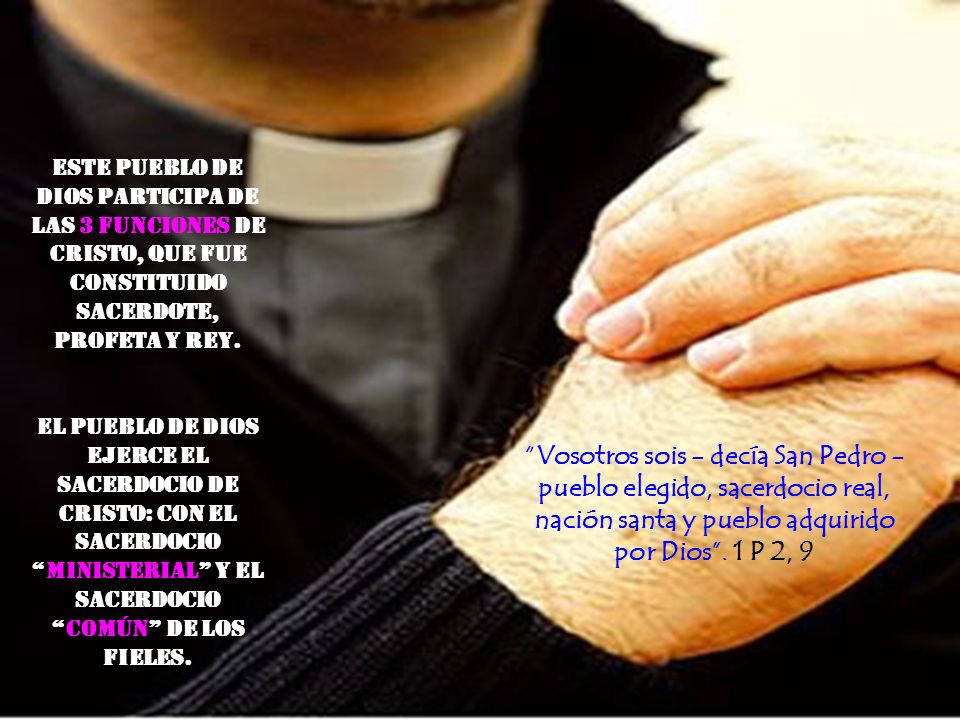 Este Pueblo de Dios participa de las 3 funciones de Cristo, que fue constituido Sacerdote, Profeta y Rey.