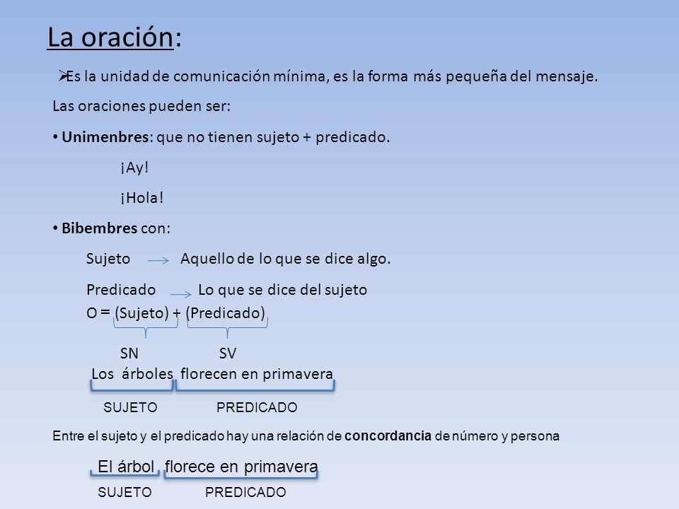 La oración: Es la unidad de comunicación mínima, es la forma más pequeña del mensaje. Las oraciones pueden ser: