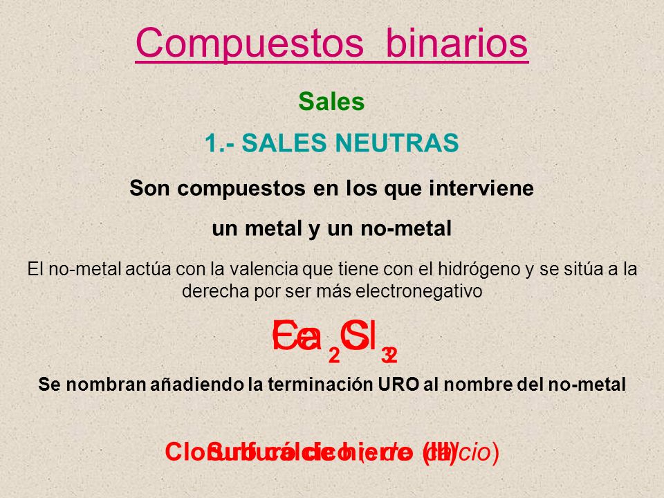 Compuestos binarios Ca Fe Cl S Sales 1.- SALES NEUTRAS