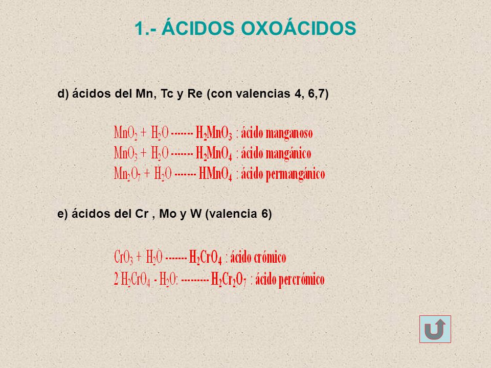 1.- ÁCIDOS OXOÁCIDOS d) ácidos del Mn, Tc y Re (con valencias 4, 6,7)