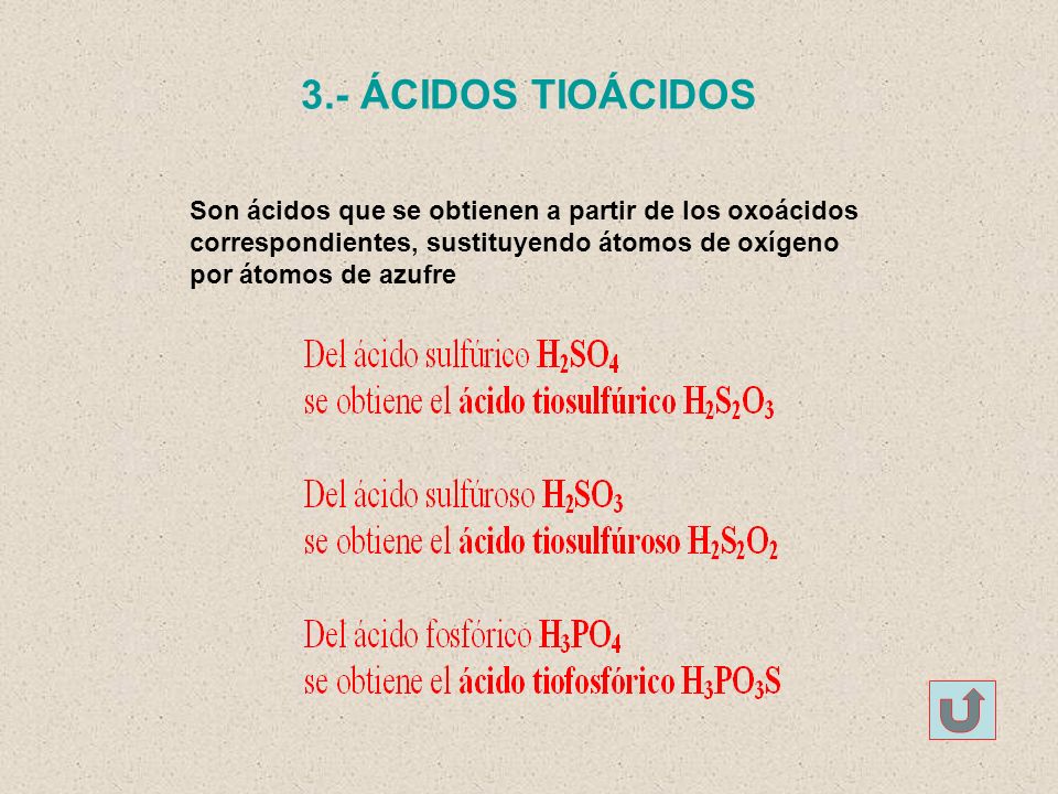 3.- ÁCIDOS TIOÁCIDOS Son ácidos que se obtienen a partir de los oxoácidos. correspondientes, sustituyendo átomos de oxígeno.