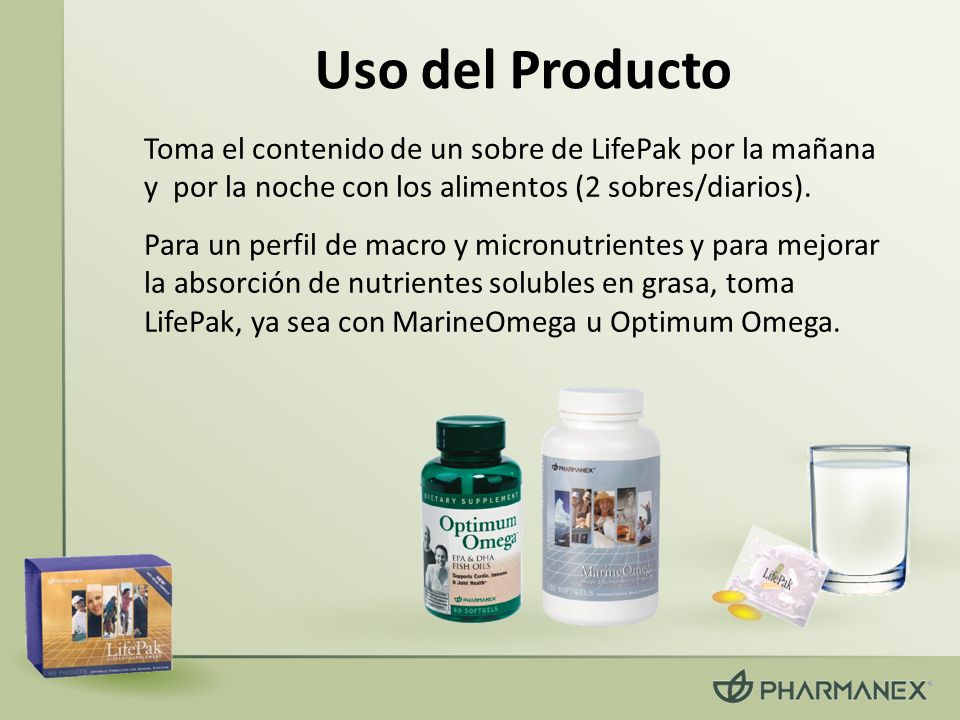 Uso del Producto Toma el contenido de un sobre de LifePak por la mañana y por la noche con los alimentos (2 sobres/diarios).