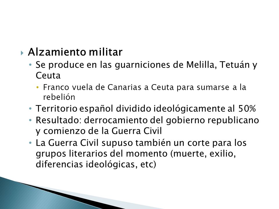 Alzamiento militar Se produce en las guarniciones de Melilla, Tetuán y Ceuta. Franco vuela de Canarias a Ceuta para sumarse a la rebelión.