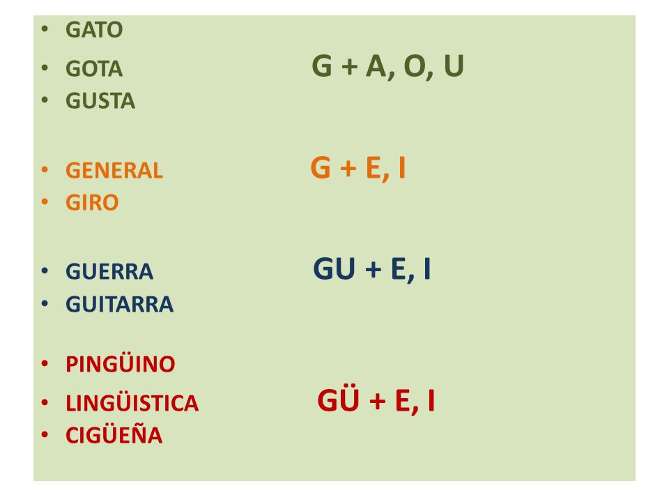 GATO GOTA G + A, O, U. GUSTA. GENERAL G + E, I.