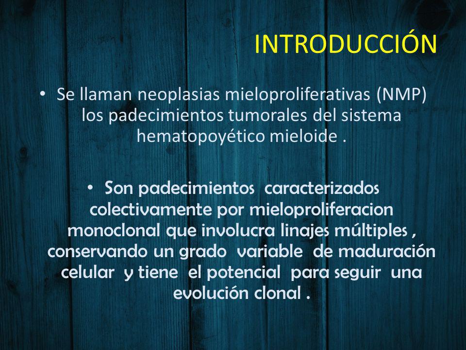 INTRODUCCIÓN Se llaman neoplasias mieloproliferativas (NMP) los padecimientos tumorales del sistema hematopoyético mieloide .