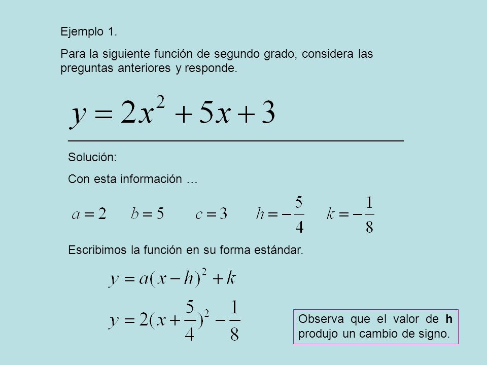 Ejemplo 1. Para la siguiente función de segundo grado, considera las preguntas anteriores y responde.
