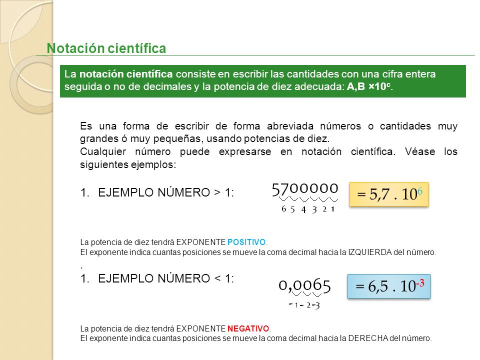 = 5, = 6, Notación científica EJEMPLO NÚMERO > 1: .