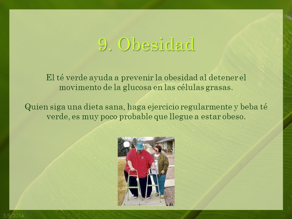 9. Obesidad El té verde ayuda a prevenir la obesidad al detener el movimento de la glucosa en las células grasas.