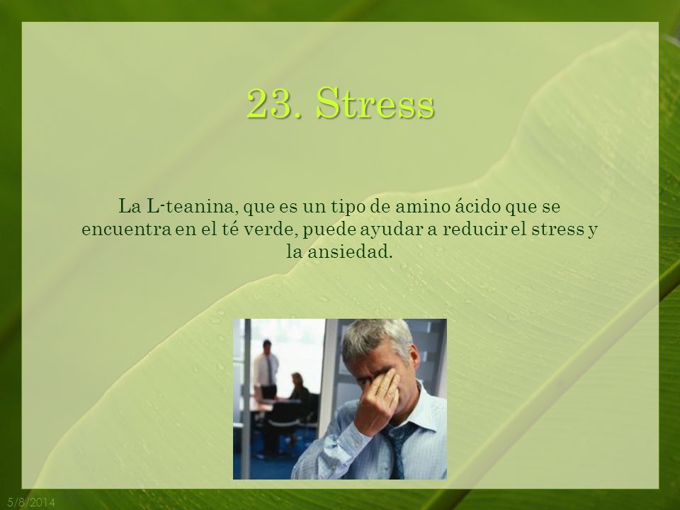 23. Stress La L-teanina, que es un tipo de amino ácido que se encuentra en el té verde, puede ayudar a reducir el stress y la ansiedad.