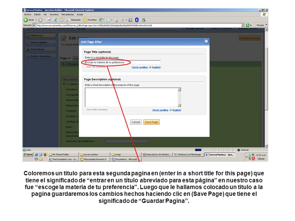 Coloremos un titulo para esta segunda pagina en (enter in a short title for this page) que tiene el significado de entrar en un título abreviado para esta página en nuestro caso fue escoge la materia de tu preferencia .