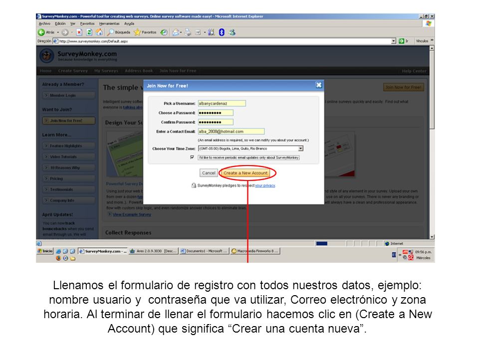 Llenamos el formulario de registro con todos nuestros datos, ejemplo: nombre usuario y contraseña que va utilizar, Correo electrónico y zona horaria.
