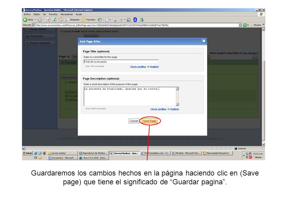 Guardaremos los cambios hechos en la página haciendo clic en (Save page) que tiene el significado de Guardar pagina .