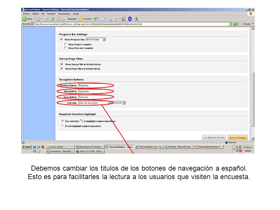 Debemos cambiar los titulos de los botones de navegación a español
