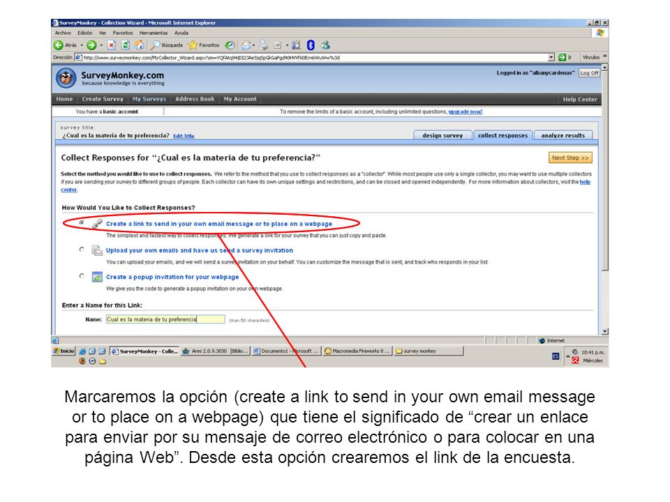 Marcaremos la opción (create a link to send in your own  message or to place on a webpage) que tiene el significado de crear un enlace para enviar por su mensaje de correo electrónico o para colocar en una página Web .