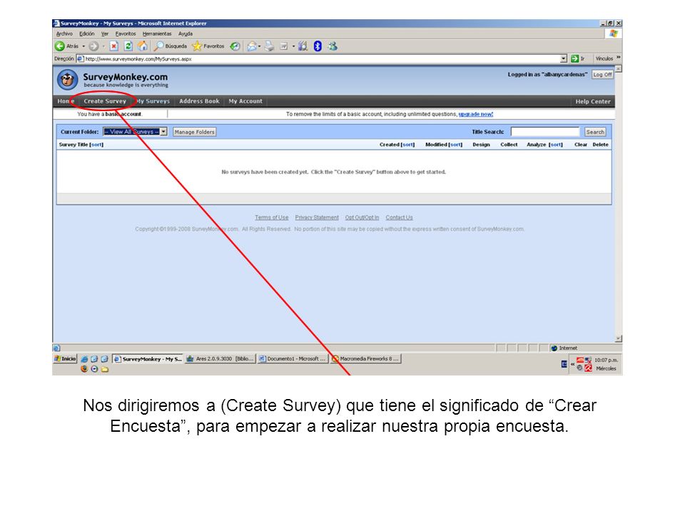 Nos dirigiremos a (Create Survey) que tiene el significado de Crear Encuesta , para empezar a realizar nuestra propia encuesta.