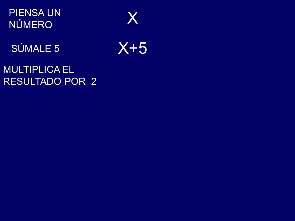 PIENSA UN NÚMERO X X+5 SÚMALE 5 MULTIPLICA EL RESULTADO POR 2