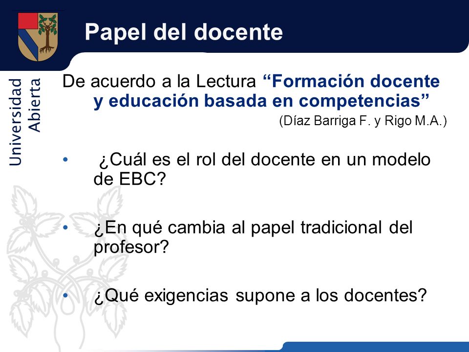 Papel del docente De acuerdo a la Lectura Formación docente y educación basada en competencias (Díaz Barriga F. y Rigo M.A.)