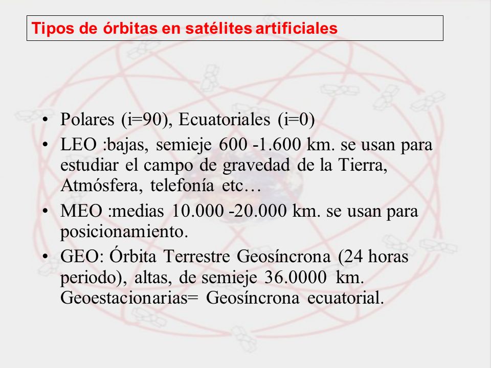 Polares (i=90), Ecuatoriales (i=0)