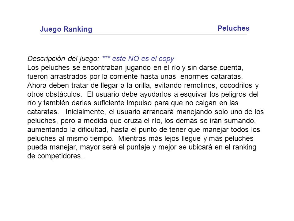 Juego Ranking Peluches. Descripción del juego: *** este NO es el copy.