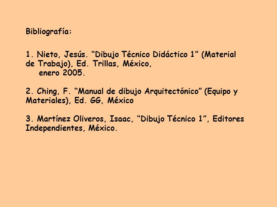 Bibliografía: 1. Nieto, Jesús. Dibujo Técnico Didáctico 1 (Material de Trabajo), Ed. Trillas, México,