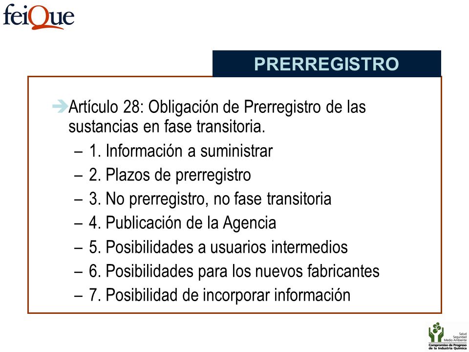 PRERREGISTRO Artículo 28: Obligación de Prerregistro de las sustancias en fase transitoria. 1. Información a suministrar.