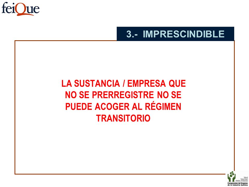3.- IMPRESCINDIBLE LA SUSTANCIA / EMPRESA QUE NO SE PRERREGISTRE NO SE PUEDE ACOGER AL RÉGIMEN TRANSITORIO.