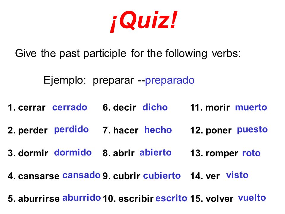 ¡Quiz! Give the past participle for the following verbs: