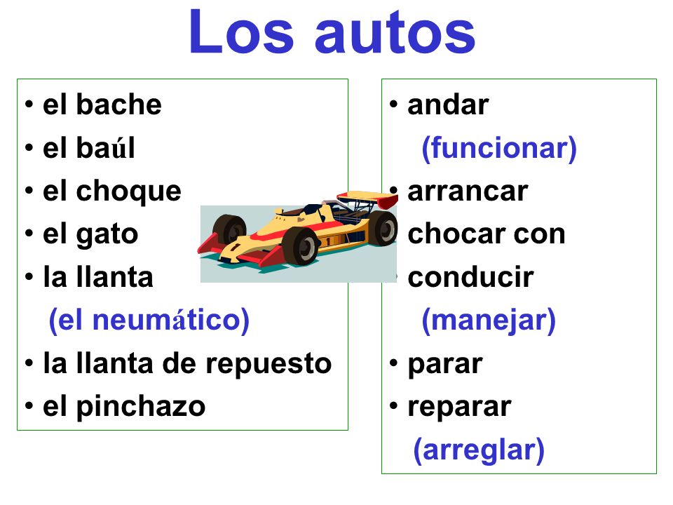 Los autos el bache el baúl el choque el gato la llanta (el neumático)