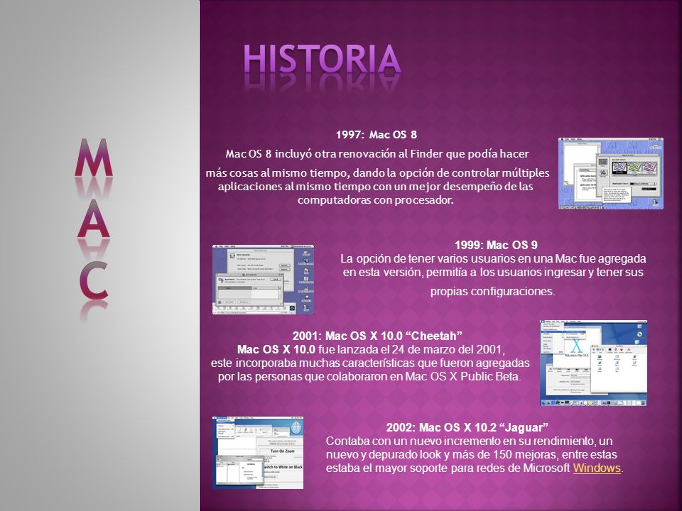 HISTORIA M. A. C. 1997: Mac OS 8. Mac OS 8 incluyó otra renovación al Finder que podía hacer.
