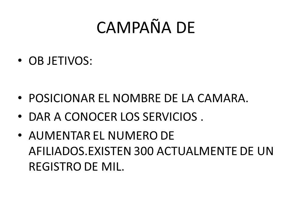 CAMPAÑA DE OB JETIVOS: POSICIONAR EL NOMBRE DE LA CAMARA.
