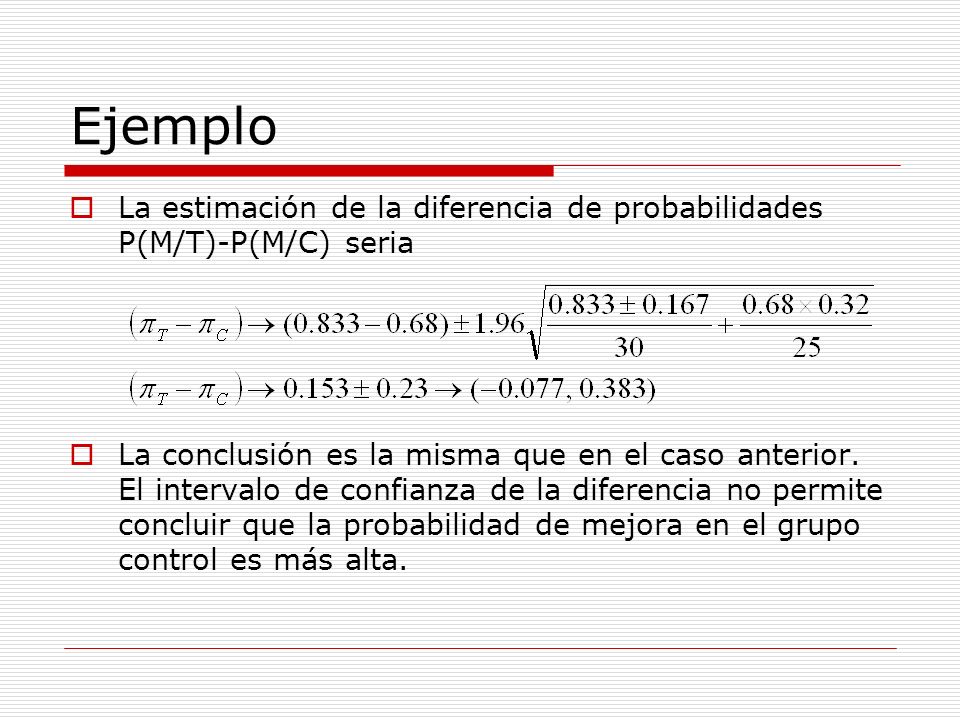 Ejemplo La estimación de la diferencia de probabilidades P(M/T)-P(M/C) seria.