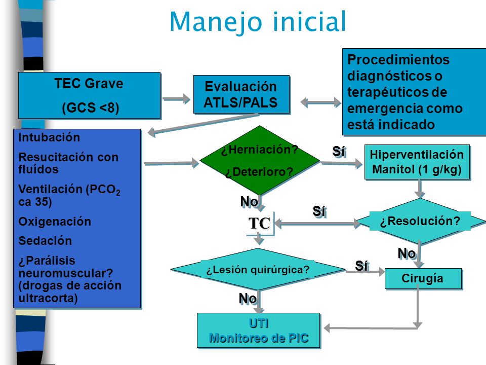 Manejo inicial Procedimientos diagnósticos o terapéuticos de emergencia como está indicado. TEC Grave.