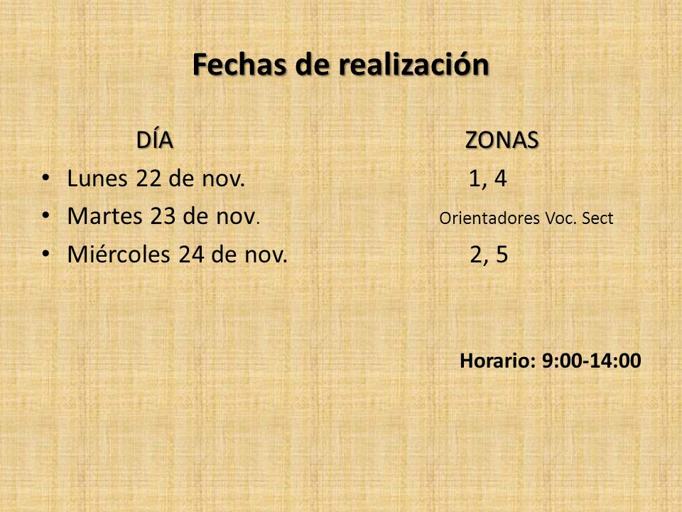 Fechas de realización DÍA ZONAS Lunes 22 de nov. 1, 4