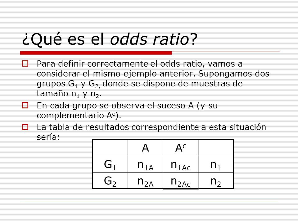 ¿Qué es el odds ratio A Ac G1 n1A n1Ac n1 G2 n2A n2Ac n2