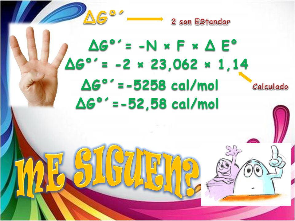 ME SIGUEN ΔG°´ ΔG°´= -N × F × Δ E° ΔG°´= -2 × 23,062 × 1,14