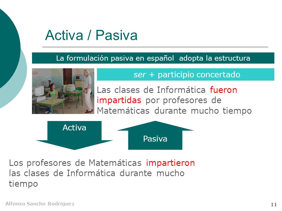 Activa / Pasiva La formulación pasiva en español adopta la estructura. ser + participio concertado.