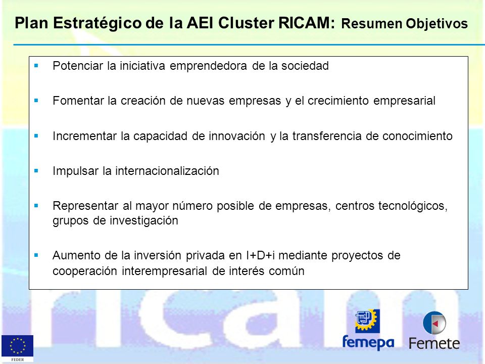 Plan Estratégico de la AEI Cluster RICAM: Resumen Objetivos