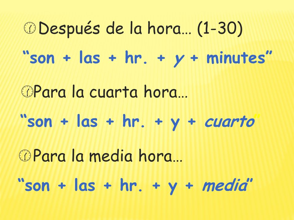 Después de la hora… (1-30) son + las + hr. + y + minutes Para la cuarta hora… son + las + hr. + y + cuarto