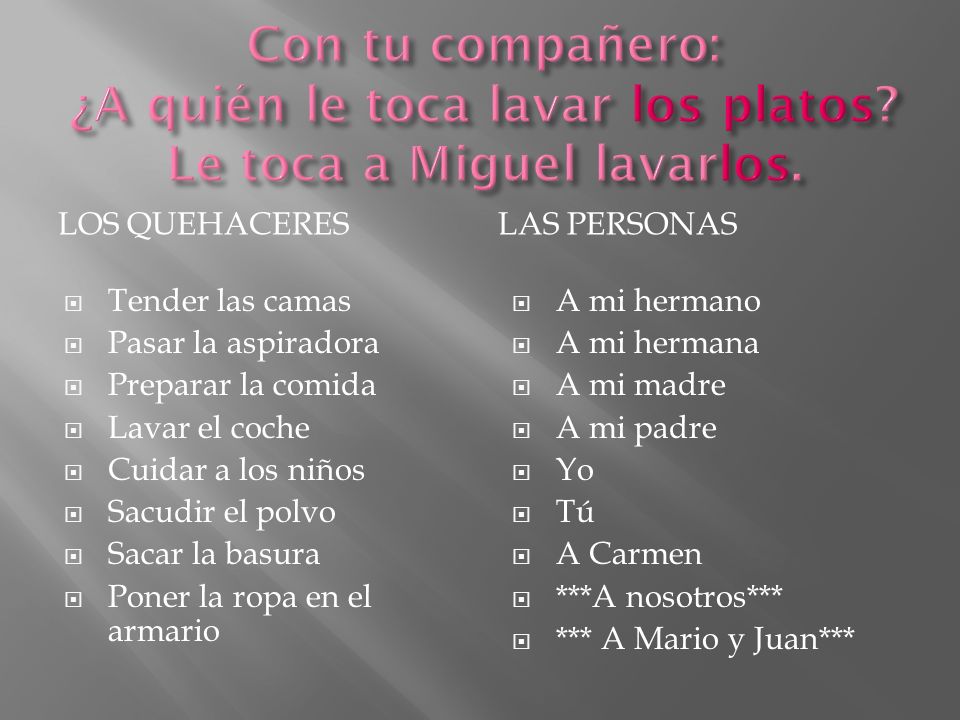 Con tu compañero: ¿A quién le toca lavar los platos