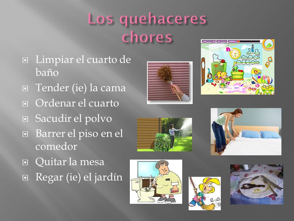 Los quehaceres chores Limpiar el cuarto de baño Tender (ie) la cama