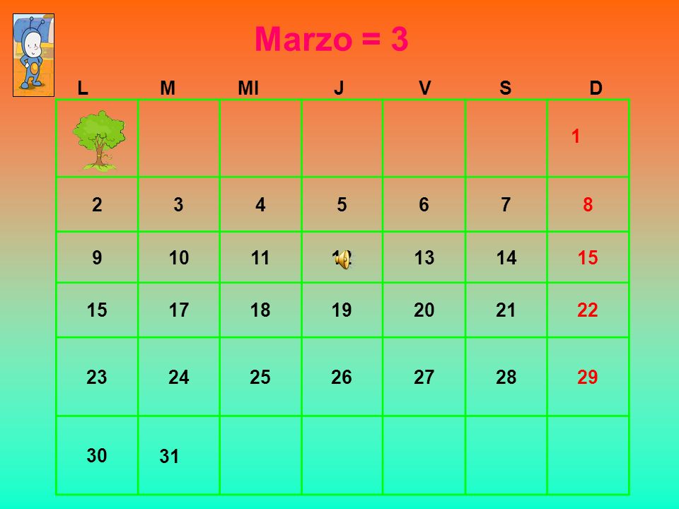 Marzo = 3 L. M. MI. J. V. S. D
