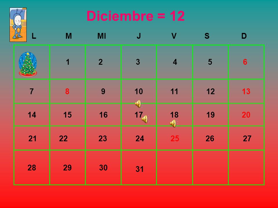 Diciembre = 12 L. M. MI. J. V. S. D