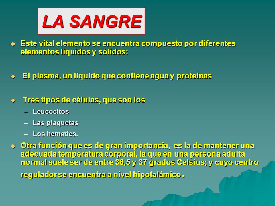 LA SANGRE Este vital elemento se encuentra compuesto por diferentes elementos líquidos y sólidos: