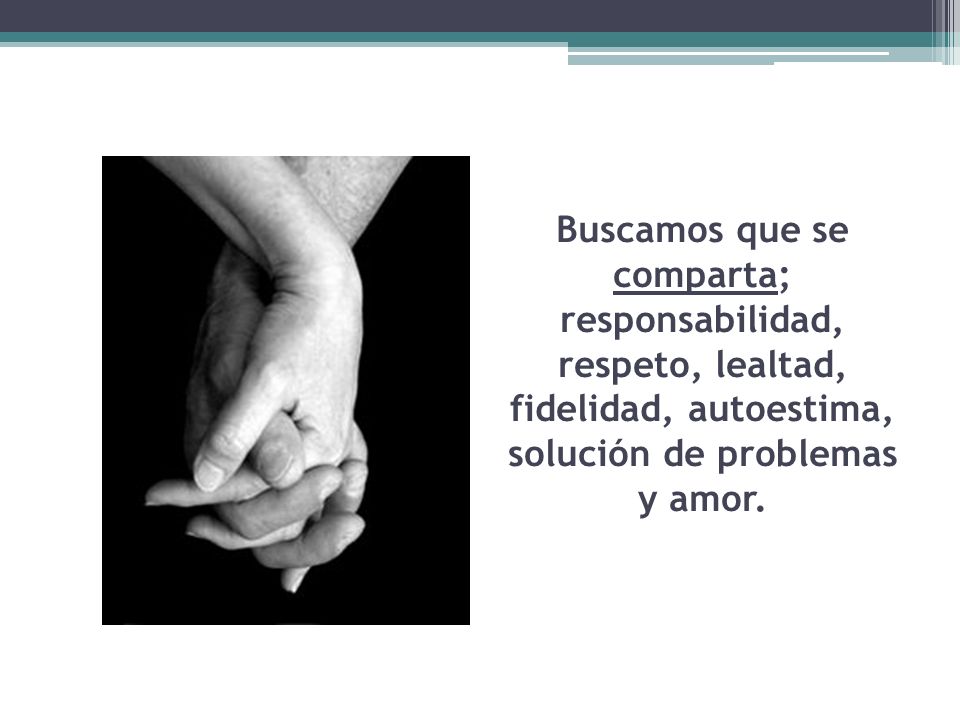 Buscamos que se comparta; responsabilidad, respeto, lealtad, fidelidad, autoestima, solución de problemas y amor.