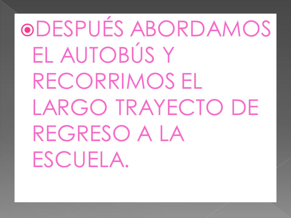 DESPUÉS ABORDAMOS EL AUTOBÚS Y RECORRIMOS EL LARGO TRAYECTO DE REGRESO A LA ESCUELA.